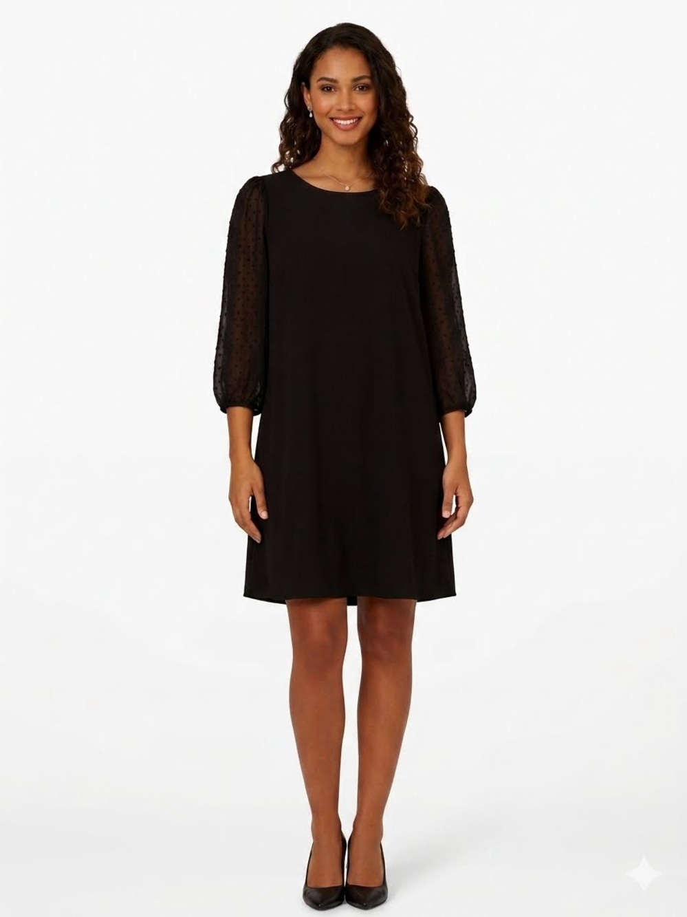 Adrianna Papell Black Swiss Dot Sleeve Swing Dress
